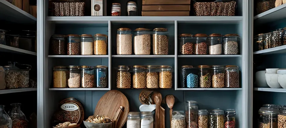 a rustic pantry with blue walls and organized shelves